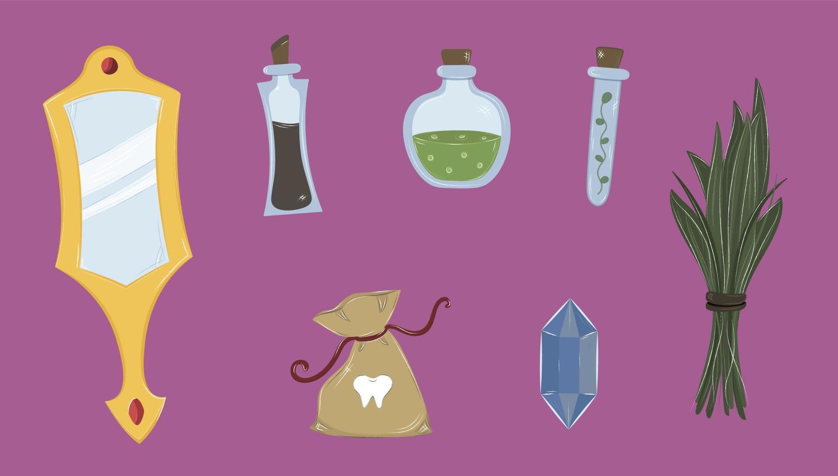 Halloween isolated doodle set. Witchcraft spooky stickers clip art hand drawn mirror, crystal, potion, bag, plant. Vector magic esoteric illustration