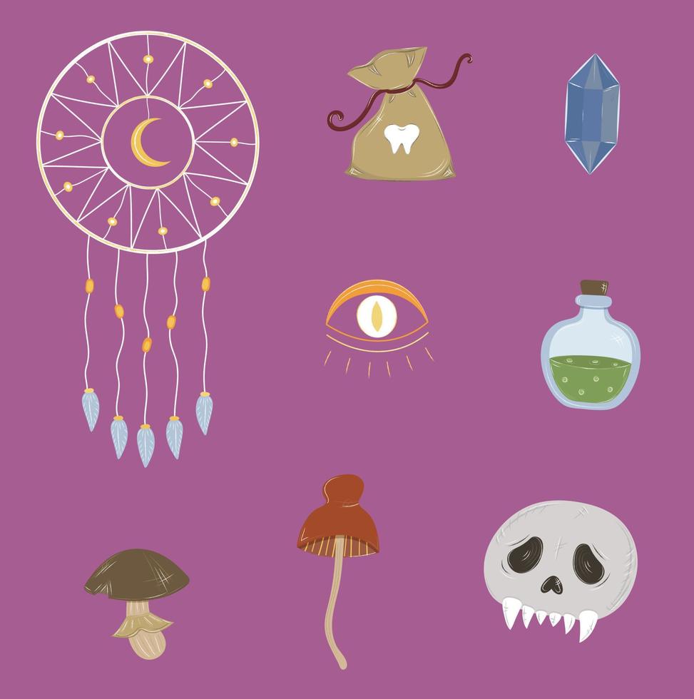 Halloween isolated stickers set. Witchcraft spooky doodle clip art hand drawn skull, dream catcher, potion, eye, mushrooms. Vector magic esoteric illustration