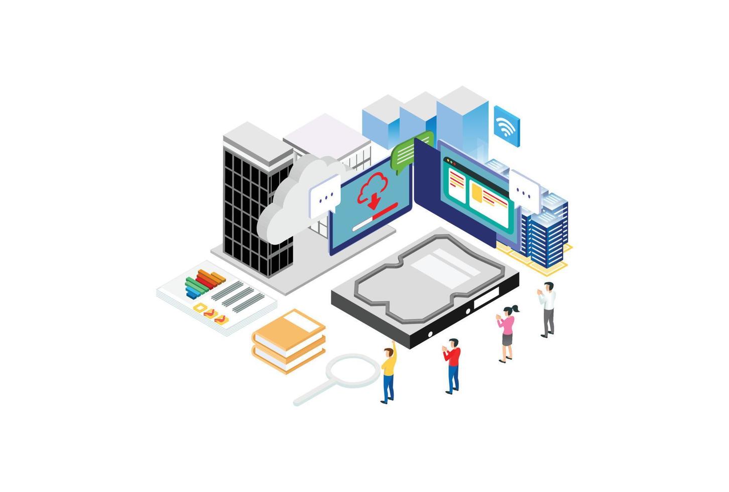 Modern Isometric Smart Cloud Database Processing Technology Illustration in White Isolated Background With People and Digital Related Asset vector