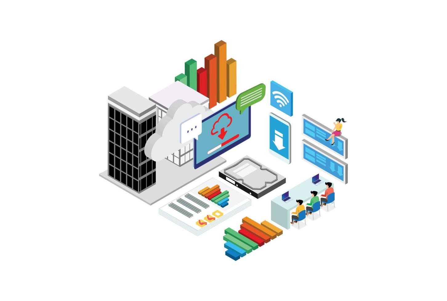 Modern Isometric Smart Cloud Database Processing Technology Illustration in White Isolated Background With People and Digital Related Asset vector