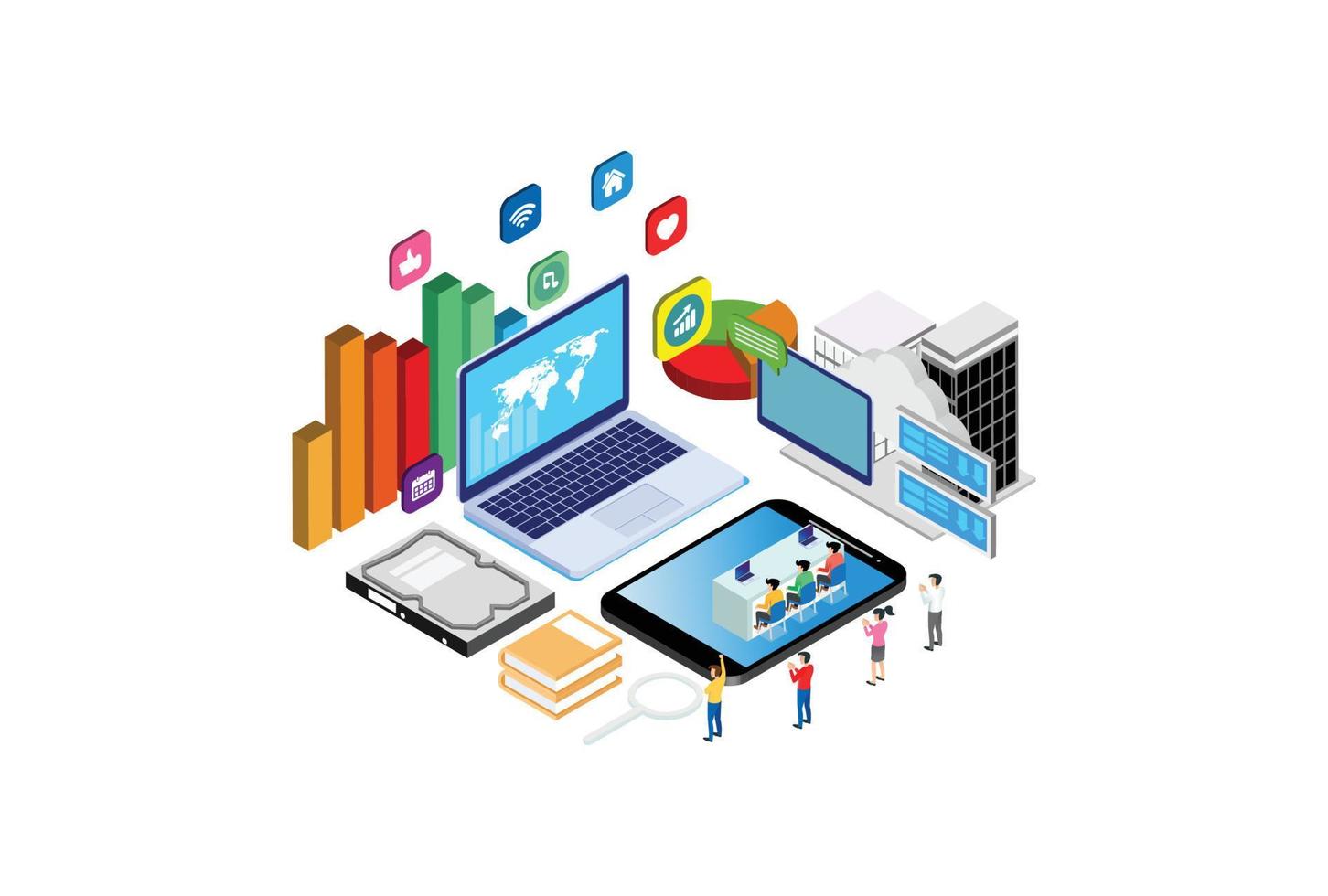 Modern Isometric Smart Cloud Database Processing Technology Illustration in White Isolated Background With People and Digital Related Asset vector