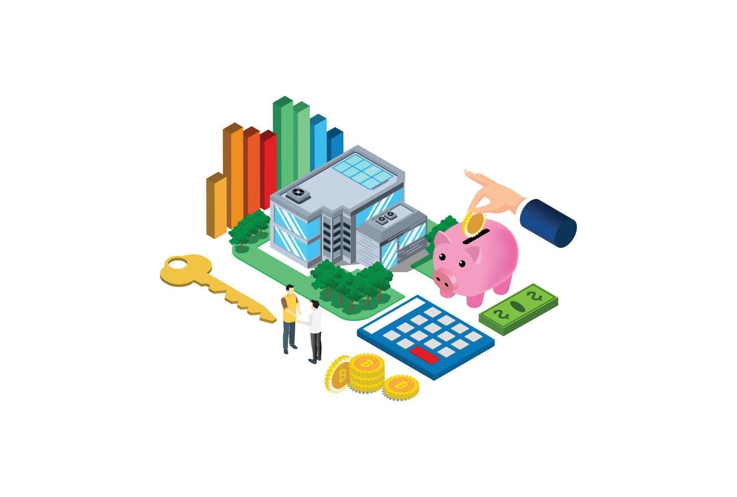 Isometric flat 3D isolated vector property Investment concept. House and real estate money investment. Suitable for Diagrams, Infographics, Game Asset, And Other Graphic Related Assets