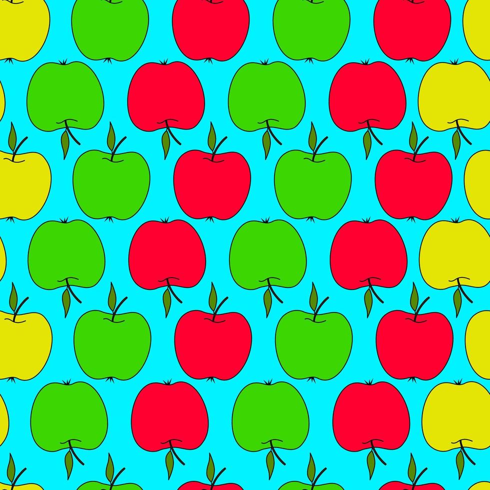Seamless pattern with apples on a blue background . Autumn pattern with fruit.Red, green, yellow apple.Bright print for fabric vector