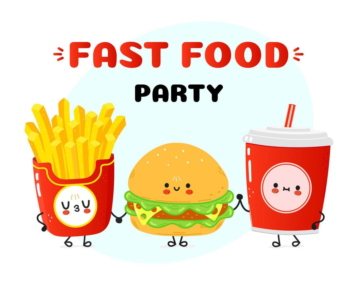 linda hamburguesa feliz papas fritas tarjeta de cola. diseño de icono de ilustración de personaje de dibujos animados de estilo de fideos dibujado a mano vectorial. feliz hamburguesa papas fritas cola amigos concepto tarjeta vector