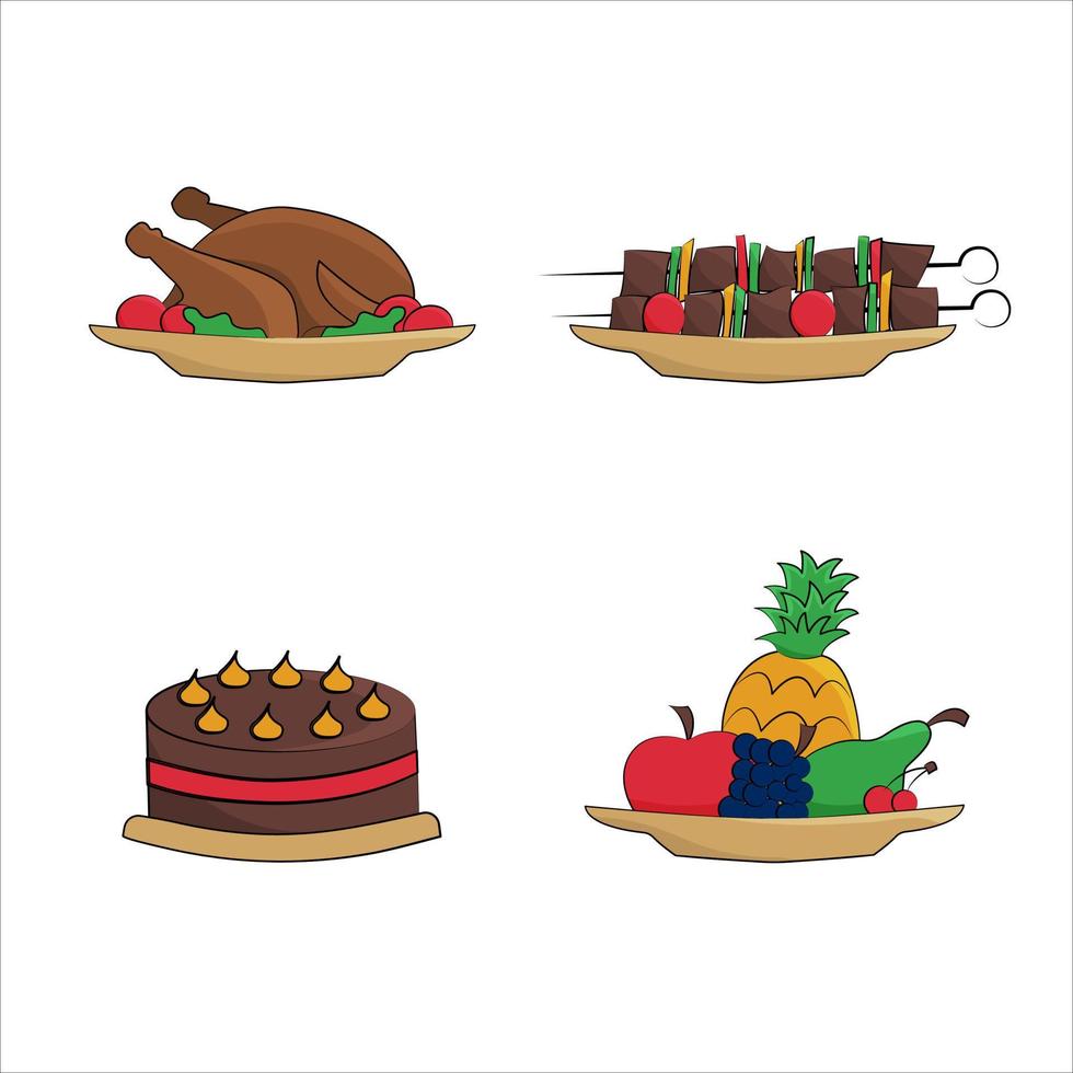 conjunto de iconos de comida. imágenes vectoriales de fruta, pastel y carne. shish kebab y pollo a la parrilla. vector