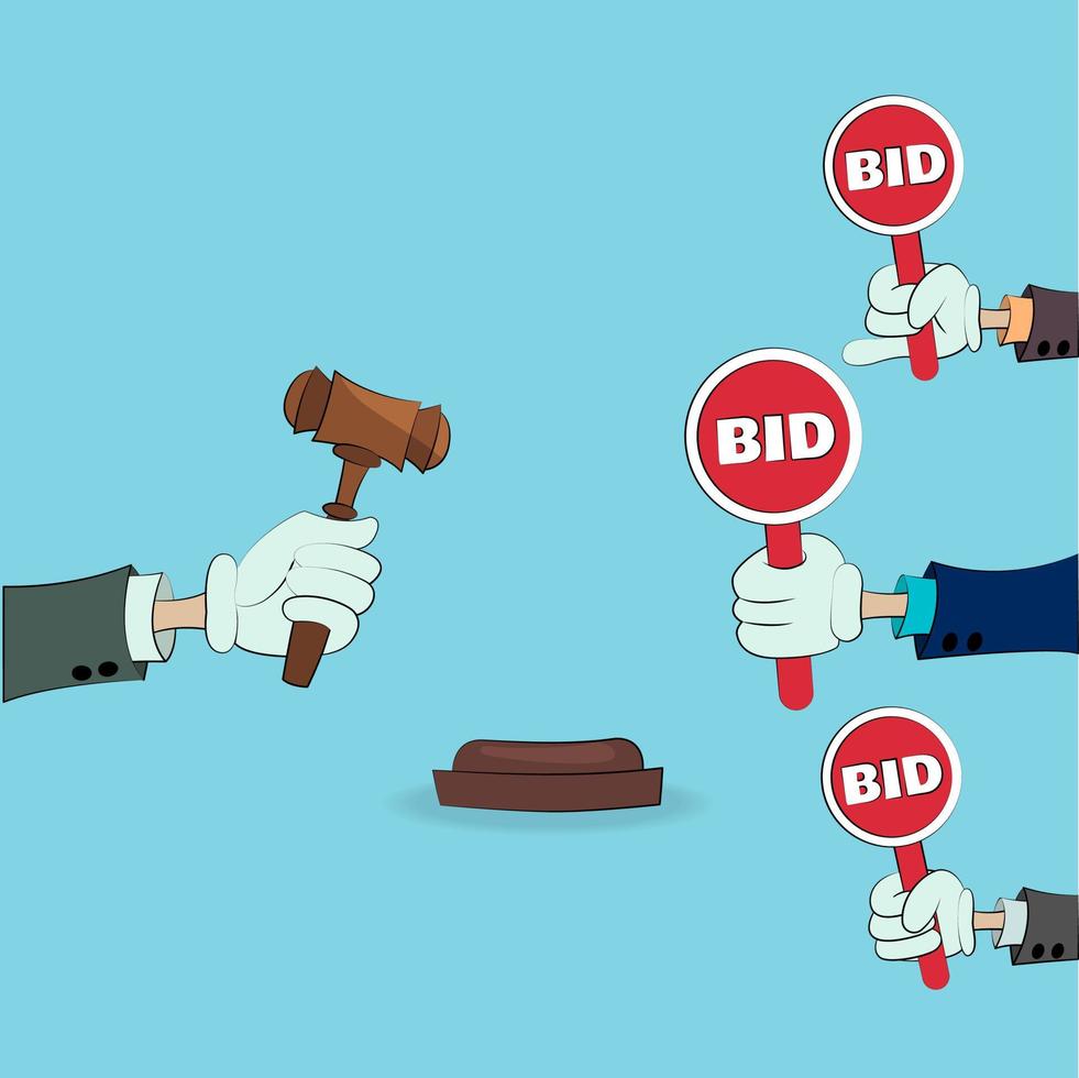 Hands holding an auction paddle and hammer. Bid plate. Concept of auction and bidding. Flat vector illustration.