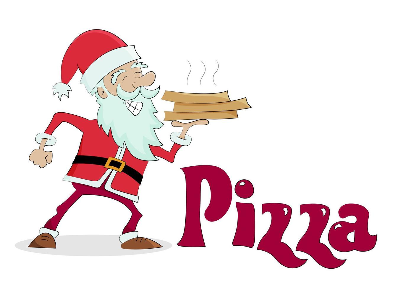 Santa Claus is a hot pizza delivery man. Christmas character delivers food. Vector illustration.