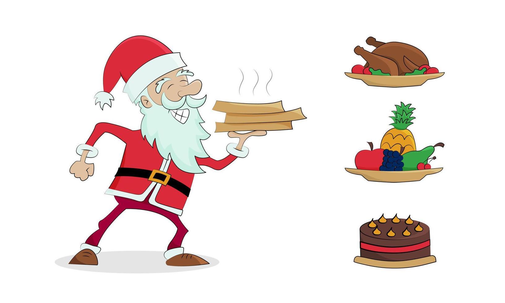 Santa Claus delivers food. Pizza, fast food or fruit delivery. vector