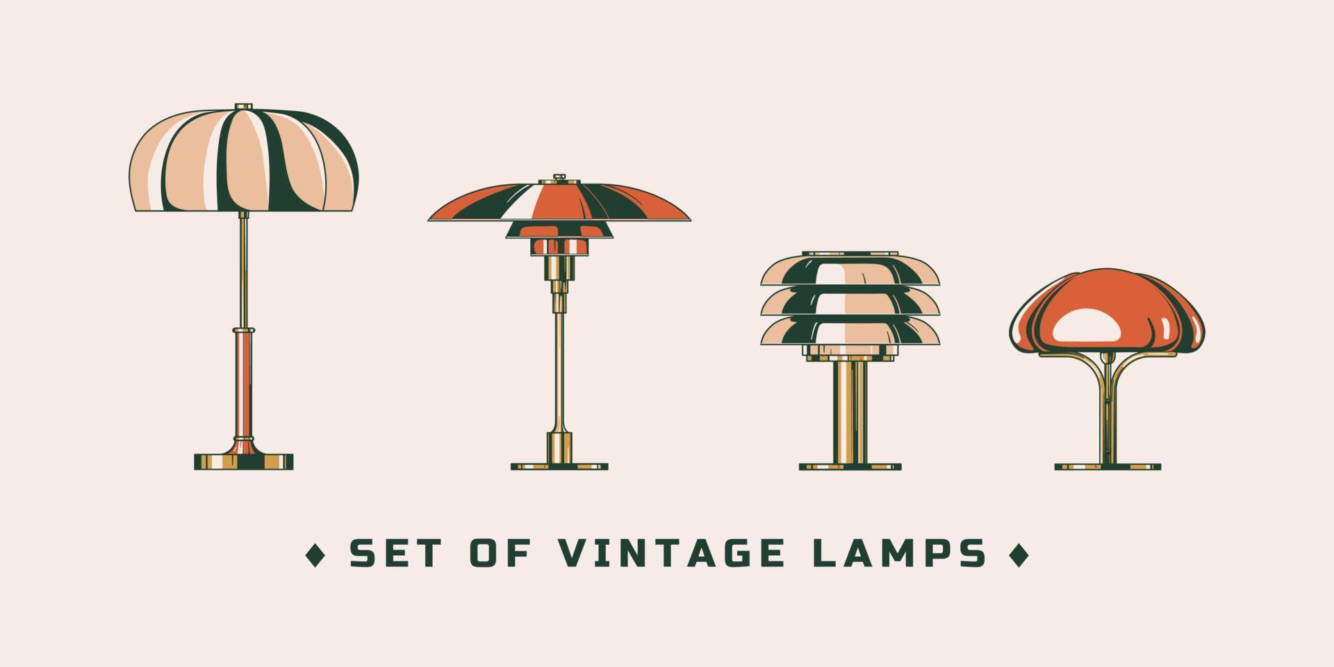 Set of vintage lamps retro style illustration. Flat design stickers isolated on beige background. Icons set vector