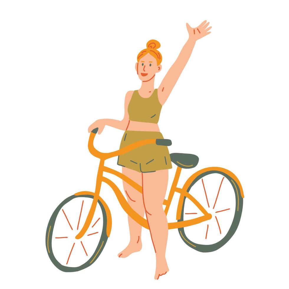 Girl with bike waving hello vector