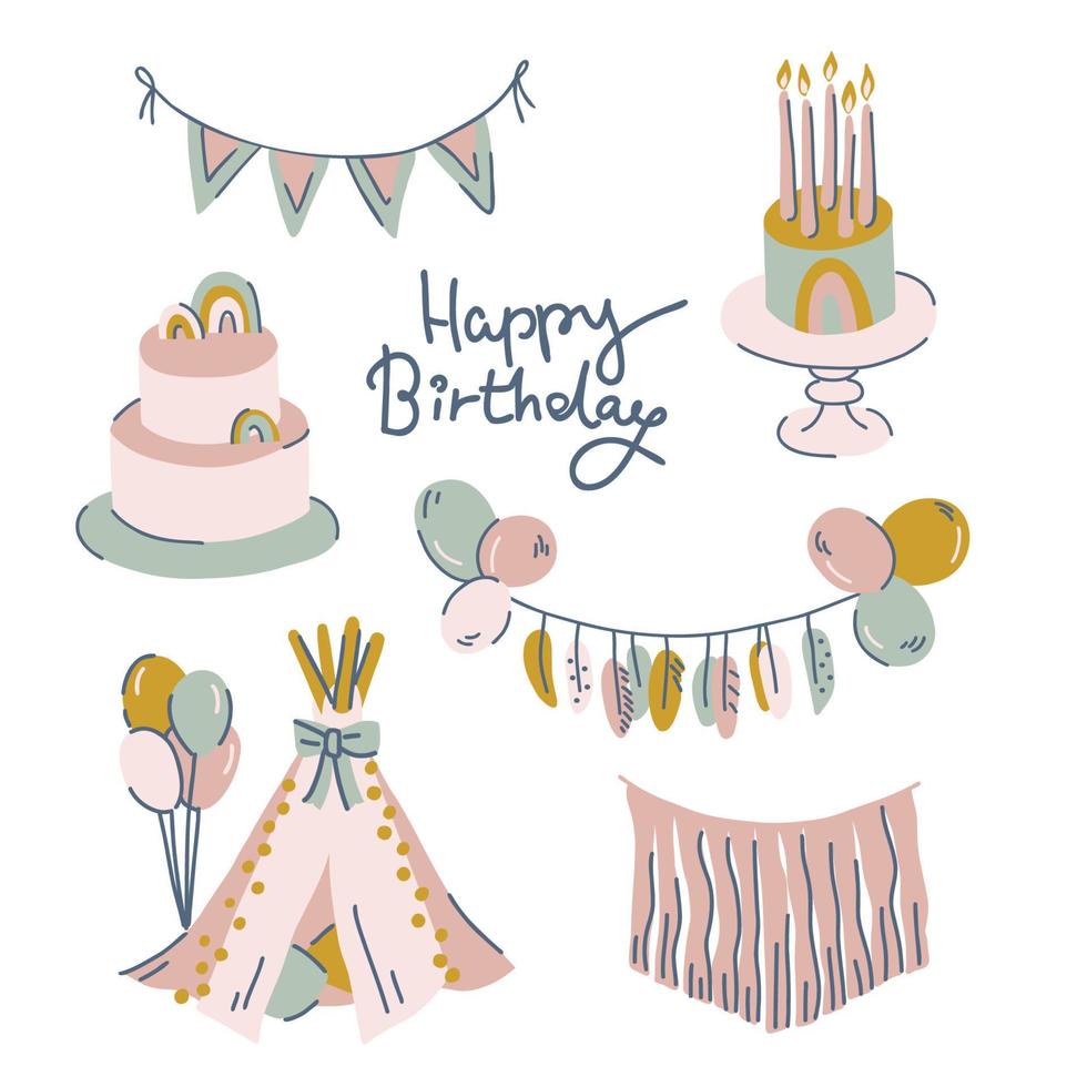 Boho style birthday decor set vector