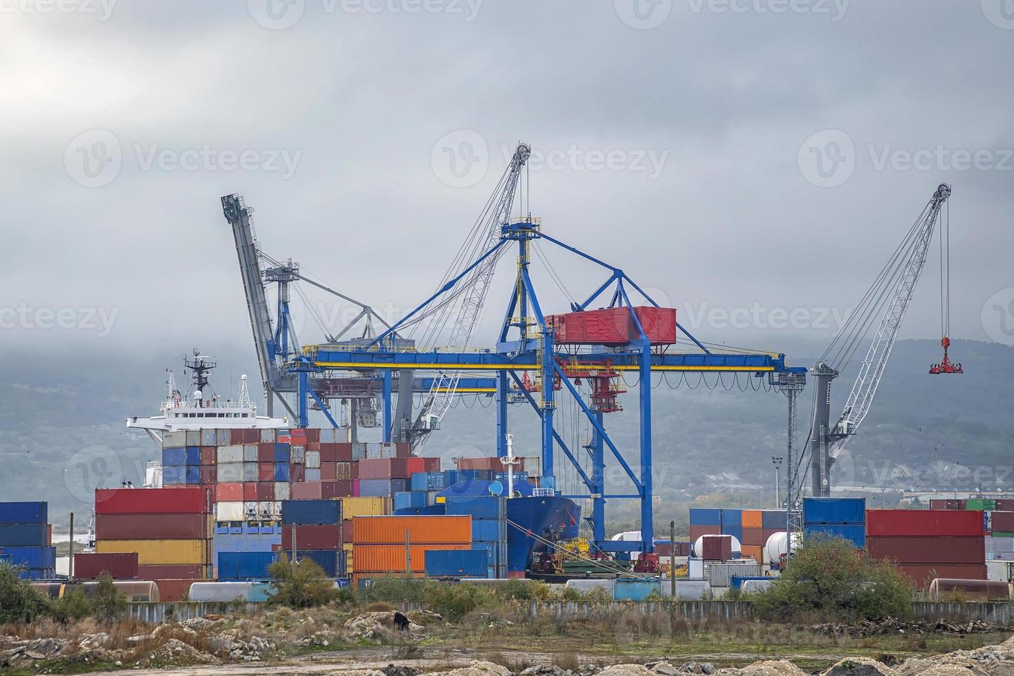 Port cranes ready to load containers from cargo ships. horizontal view photo