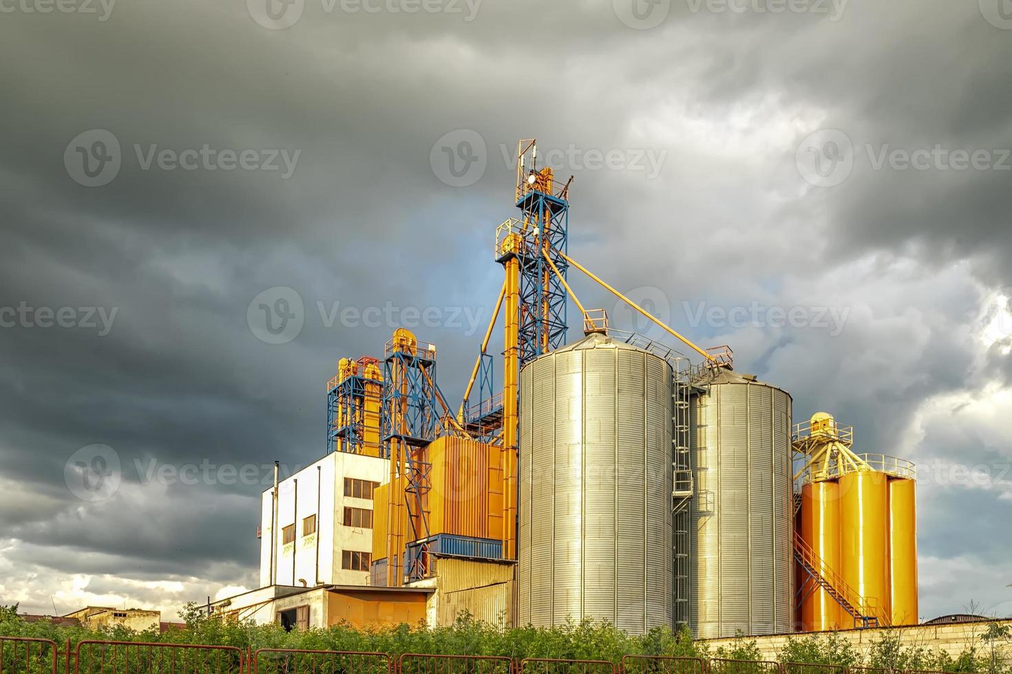 silo moderno. conjunto de tanques de almacenamiento planta de procesamiento de cultivos agrícolas cultivados. foto