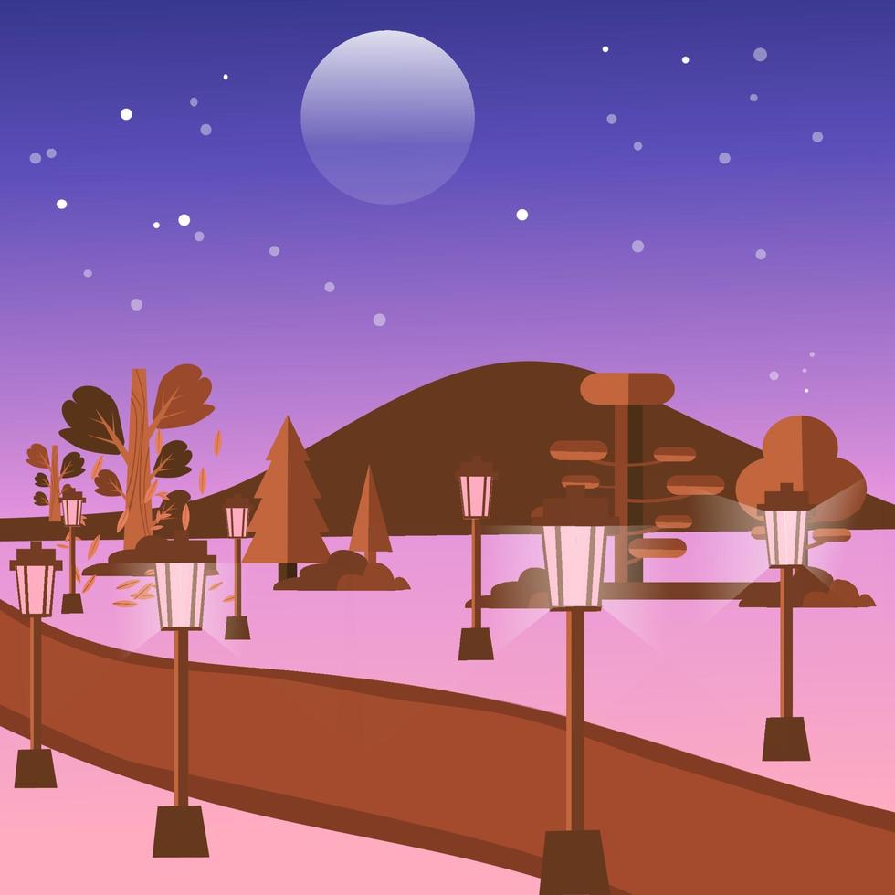 ilustración vectorial de escena nocturna, cielo nocturno estilo caricatura plana con estrellas y luna, árboles forestales, camino a las montañas, luz, carretera, paisaje natural vector