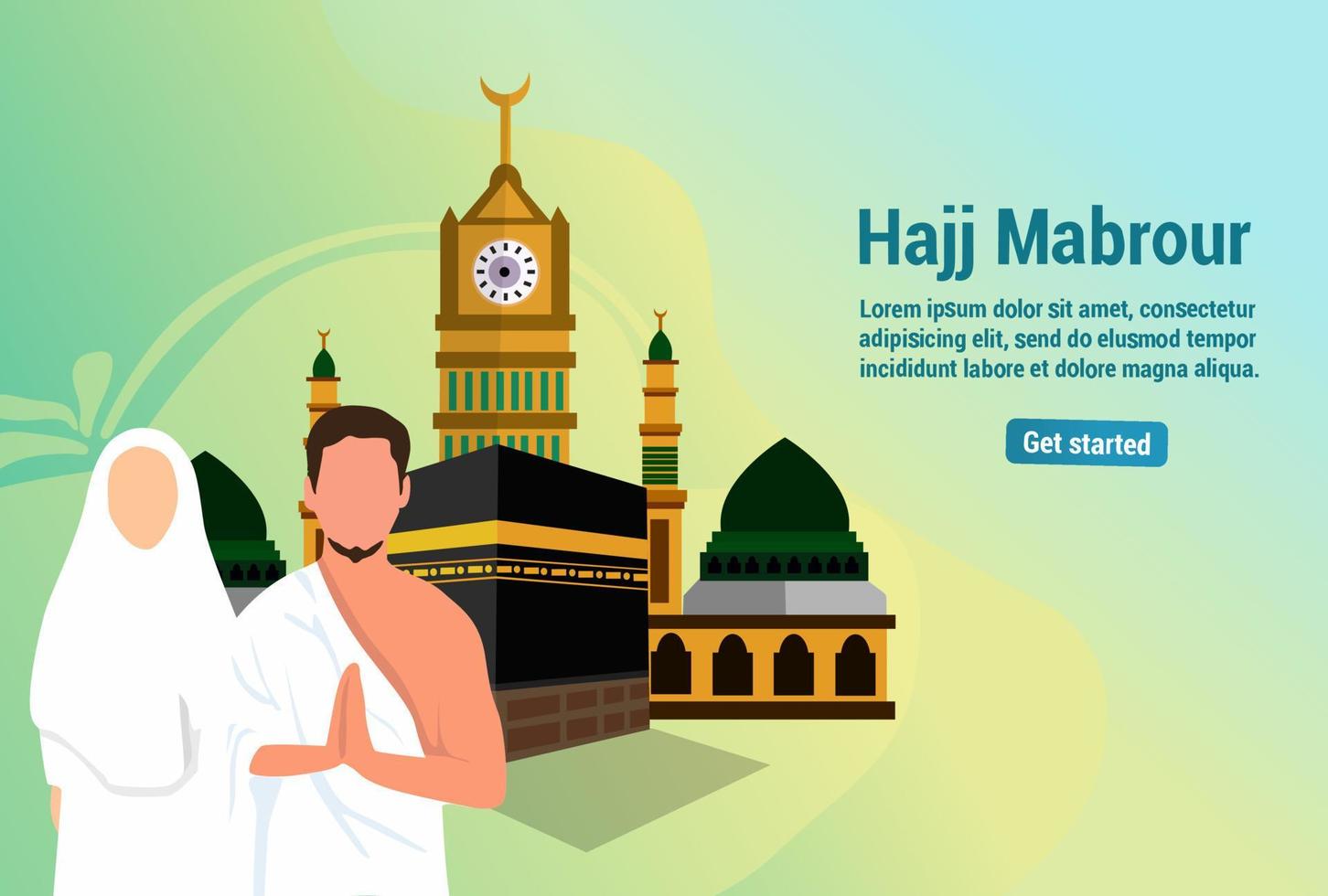 Vector graphics of Hajj and Umrah prayers illustration near the Kaaba Vector template. twin towers background.