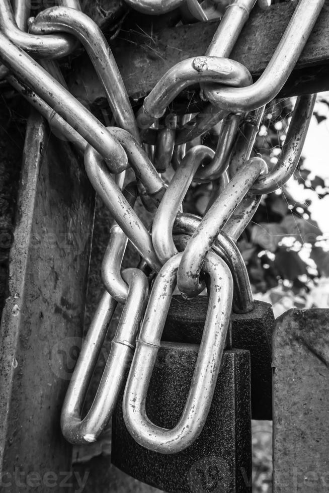 A chain of silver color with closed padlock on an old gate. Old locks. photo