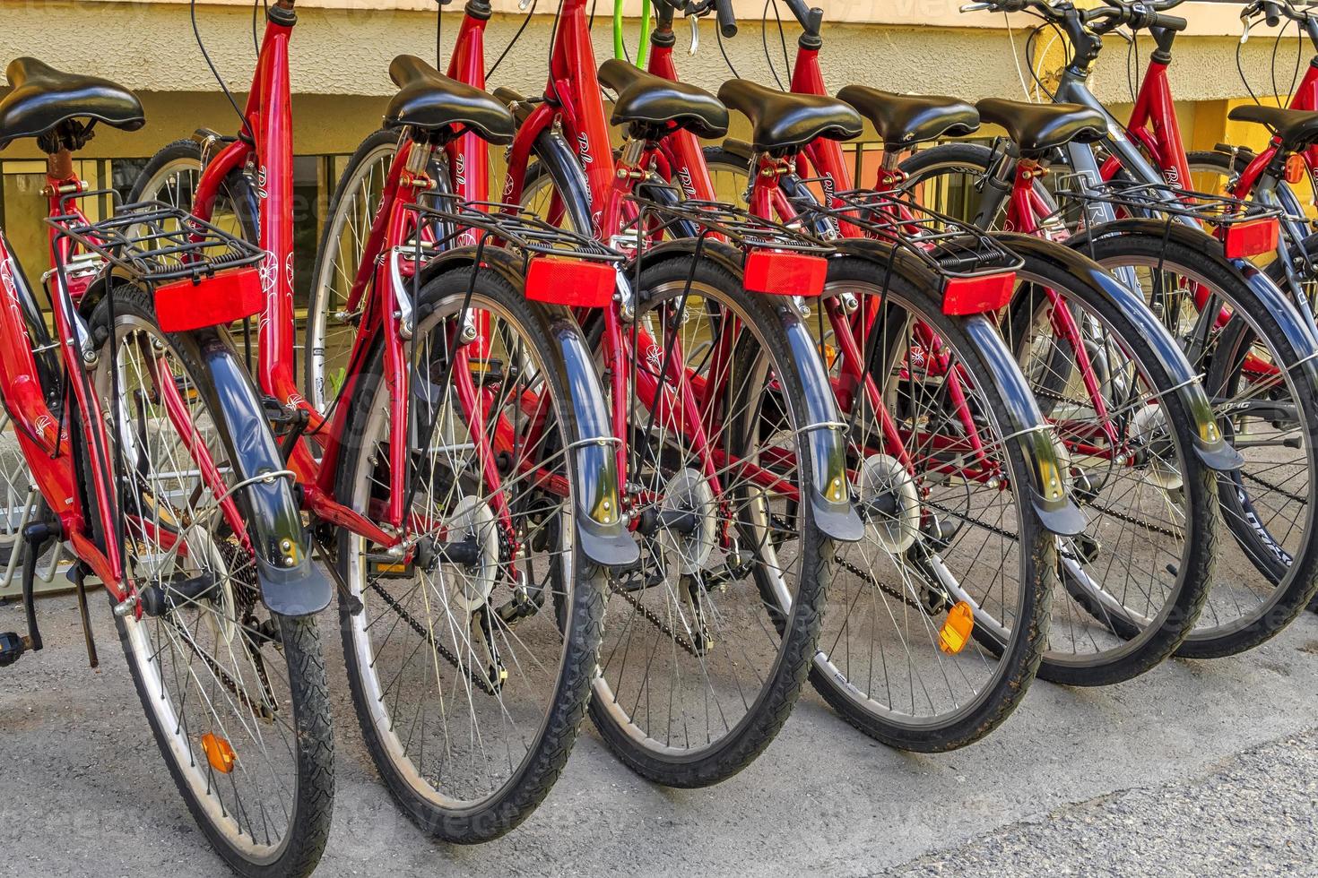 Bicycle parking station full of bikes. Many parked bicycles photo