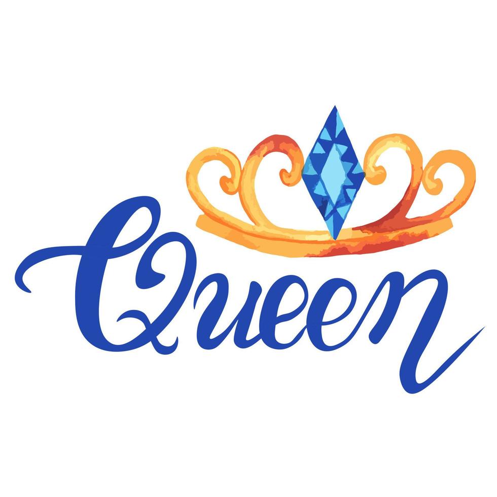 The inscription of Queen is handwritten in blue color. Beautiful, fashionable capital letter font. vector