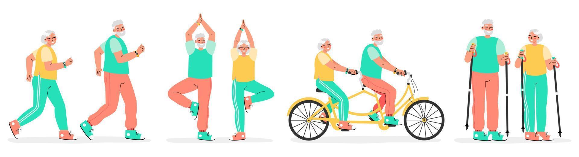 pareja de ancianos corriendo, haciendo yoga, montando en bicicleta tándem y caminando con reloj inteligente. concepto de vejez activa. vector