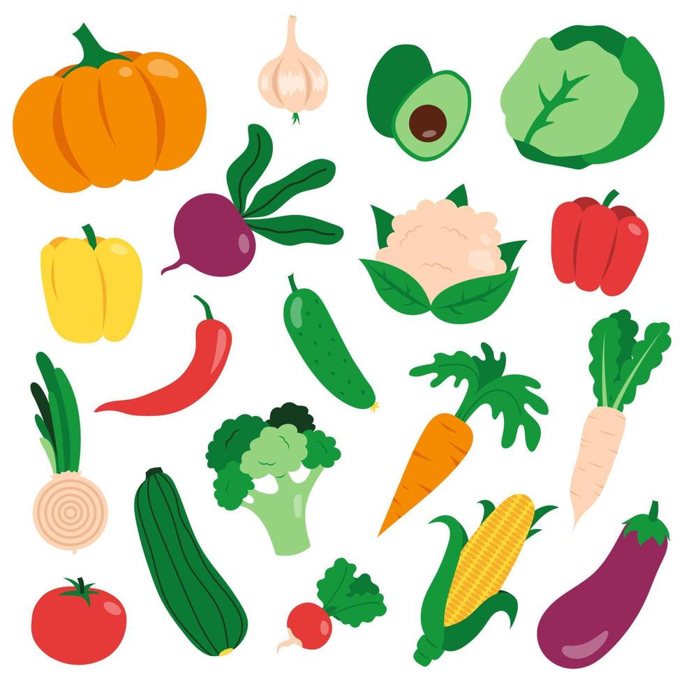 Collection of hand drawn doodle vegetables. Flat icons set isolated on a white background. vector