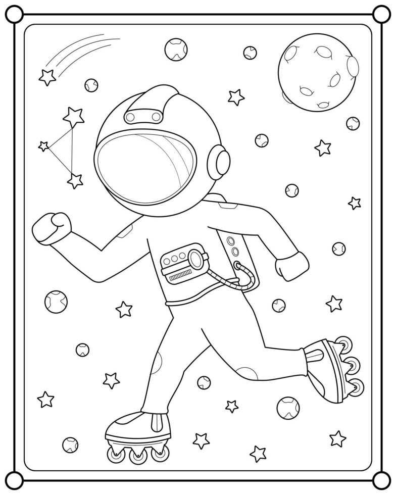 Cute astronaut playing rollerblade - Cute Astronaut Playing Rollerblade In Space Suitable For Children S Coloring Page Illustration Vector 