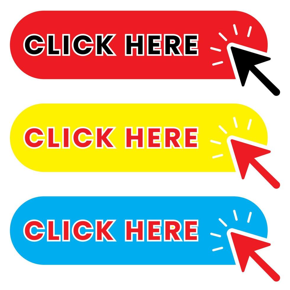 Click here red button with hand cursor. Button with hand pointer clicking. Click here banner vector