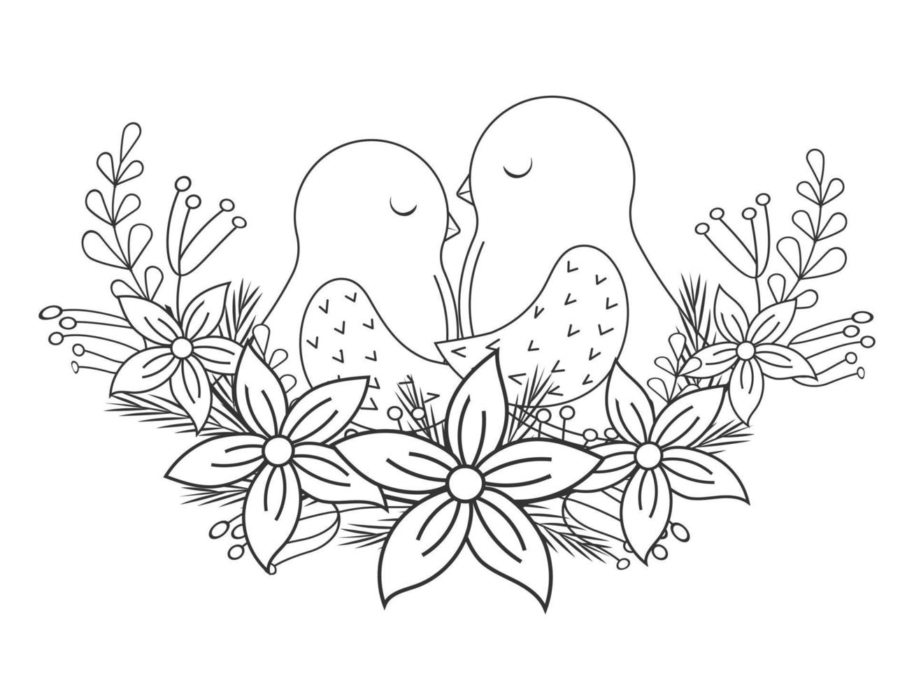 Hand drawn christmas illustration with birds and branch from poinsettia and leaves. Vector illustration. Childrens coloring book. Isolated on white.