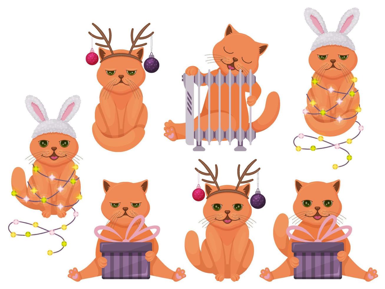 colección de gatos de invierno. feliz navidad ilustraciones de lindos gatos con accesorios. conjunto de objetos aislados sobre fondo blanco. ilustración vectorial estilo de dibujos animados vector