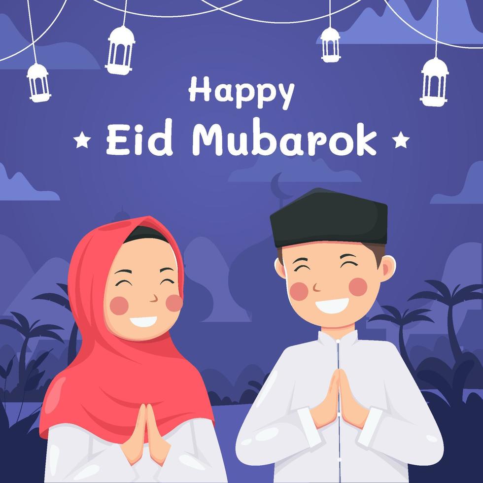 Eid mubarak greeting card with couple muslim characters and mosque as background vector illustration for celebrating Eid al fitr, Selamat hari raya Idul Fitri is another language of happy eid mubarak