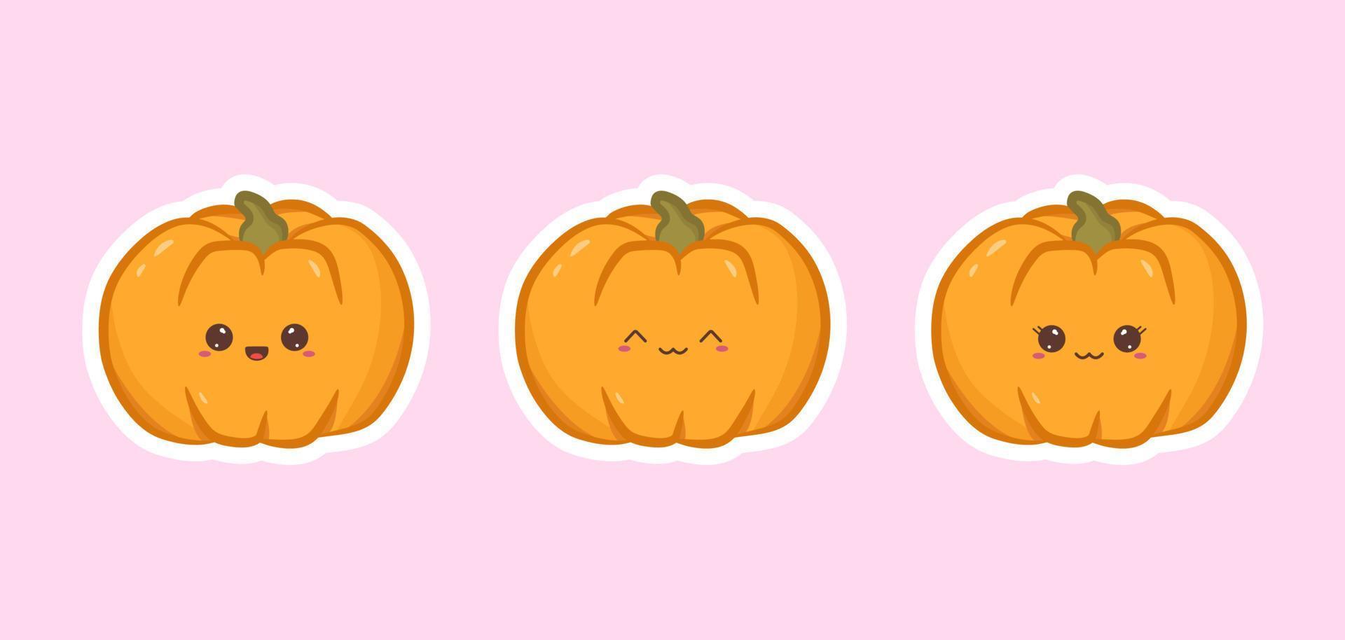 conjunto de pegatinas lindas calabazas con cara divertida. colección de calabazas de halloween al estilo kawaii. ilustración vectorial vector