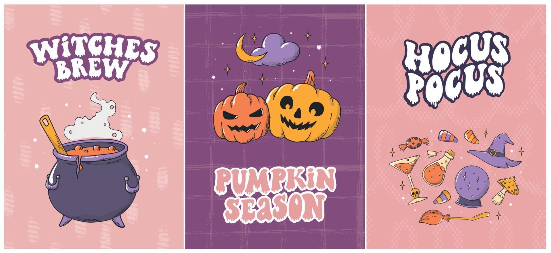Set of Halloween cards, posters, prints, invitations, banners with funny groovy quotes and doodles. EPS 10 vector