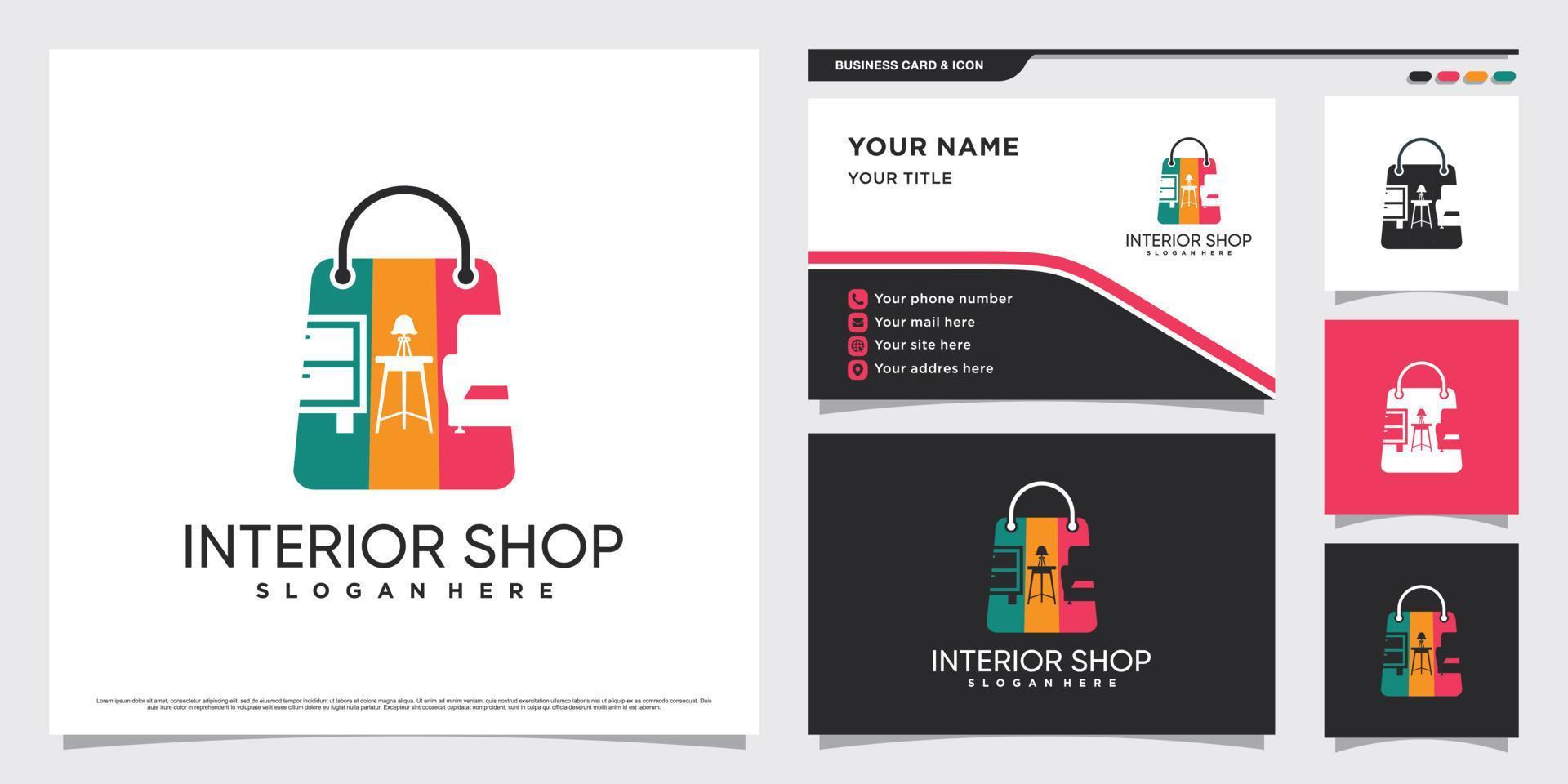 Interior furniture logo design with creative element and business card template Premium Vector