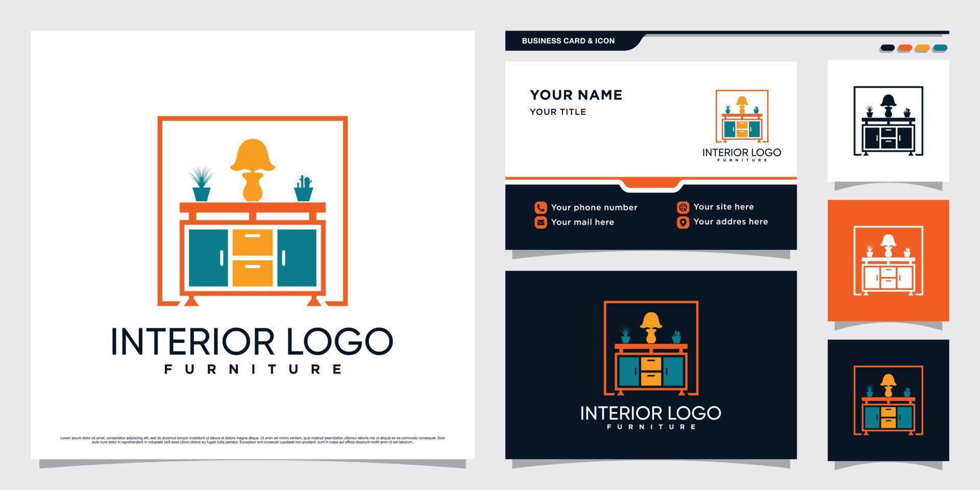 Interior furniture logo design with creative element and business card template Premium Vector