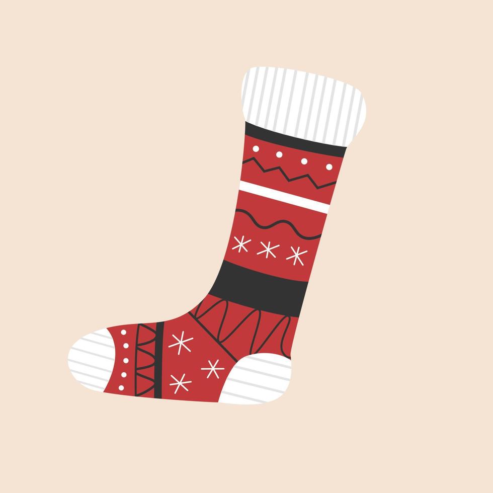 Cute christmas sock with snowflakes. Vector illustration with red stocking. Element for Christmas and New Year. Winter celebration clipart.