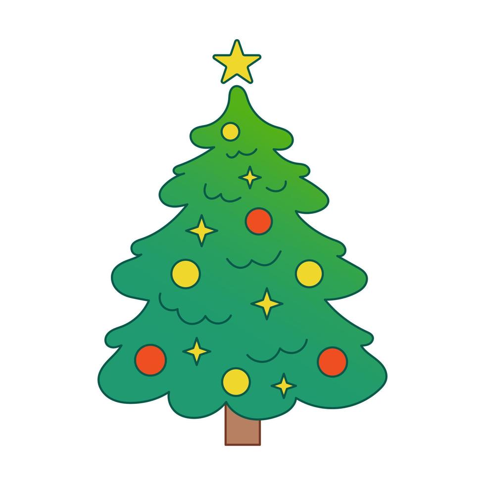 Vector christmas tree. Evergreen tree with decorations. Fir tree for New Year with stars. Gradient.