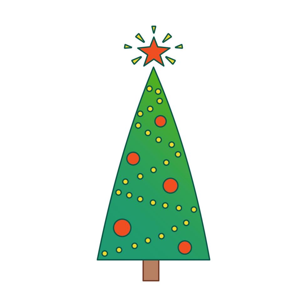 Vector christmas tree. Evergreen tree with decorations. Fir tree for New Year with red star. Gradient.