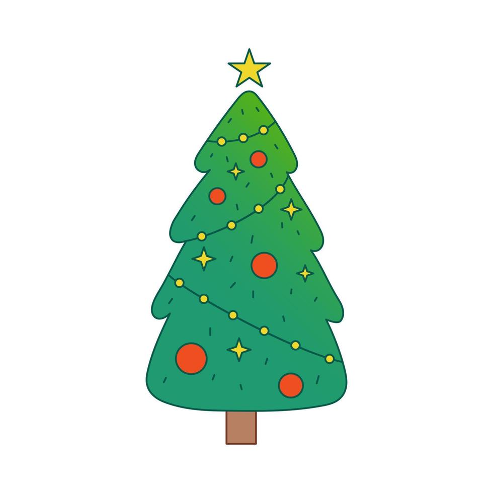 Vector christmas tree. Evergreen tree with decorations. Fir tree for New Year with star. Gradient.