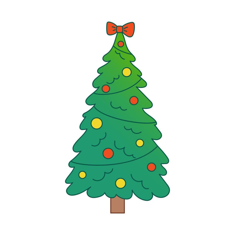 Vector christmas tree. Evergreen tree with decorations. Fir tree for New Year with bow. Gradient.