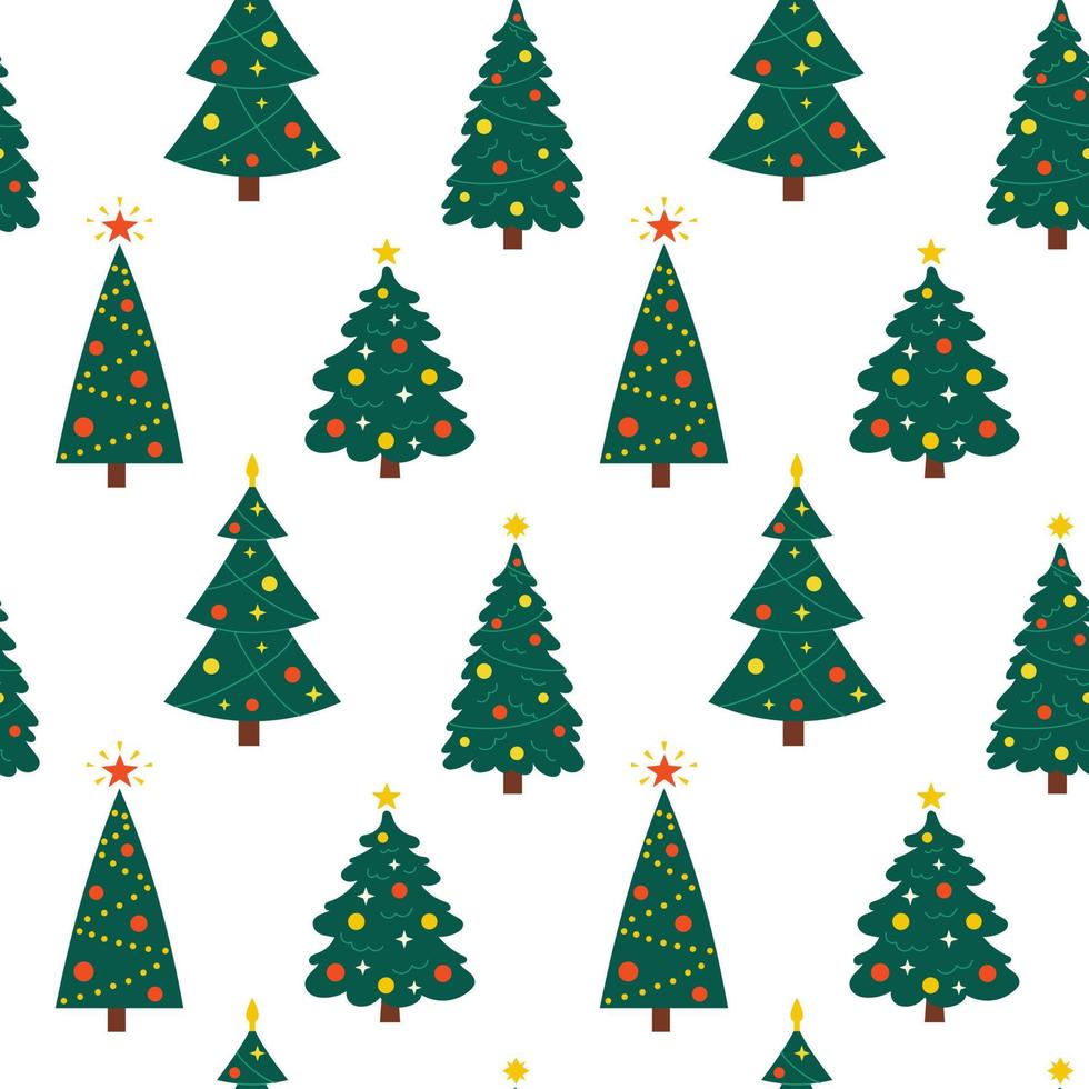 Vector seamless pattern with Christmas trees. Cute New Year pattern on white background. Cute evergreen fir trees.
