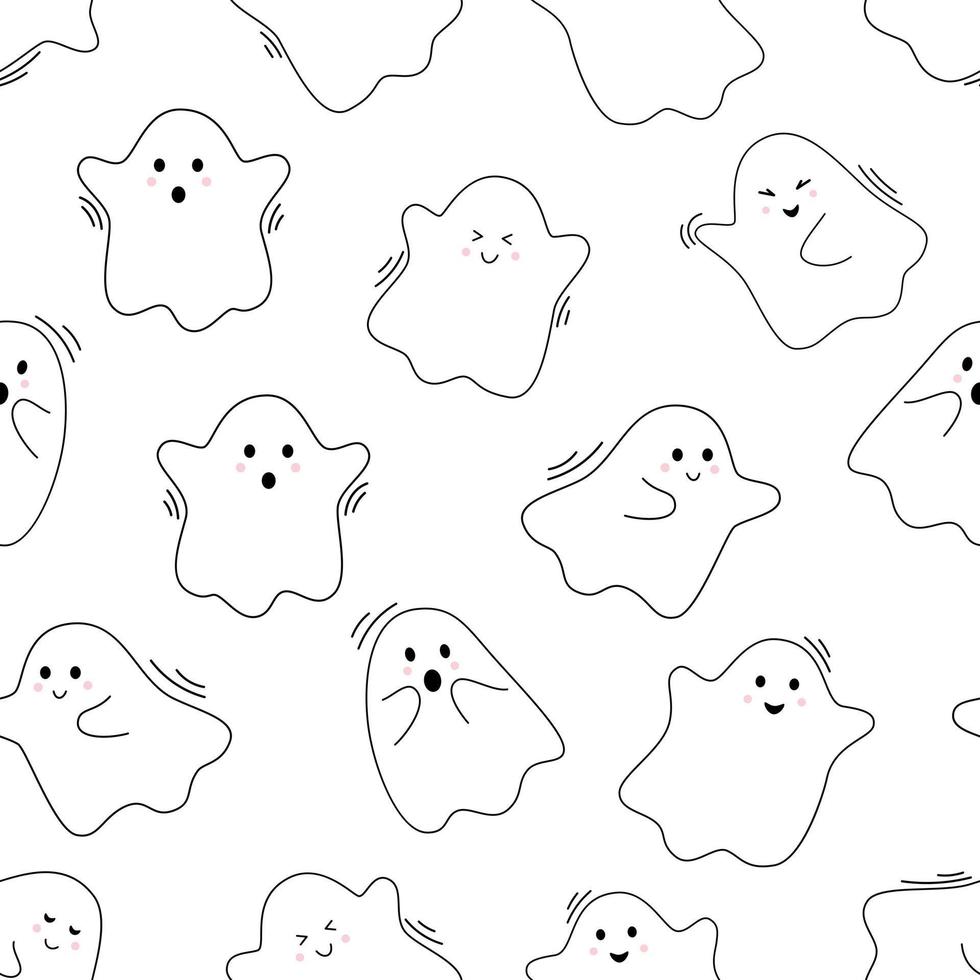 Vector halloween pattern with cute ghosts. Flying spirits. Outline phantoms on white background. Doodle ghosts. Seamless pattern.