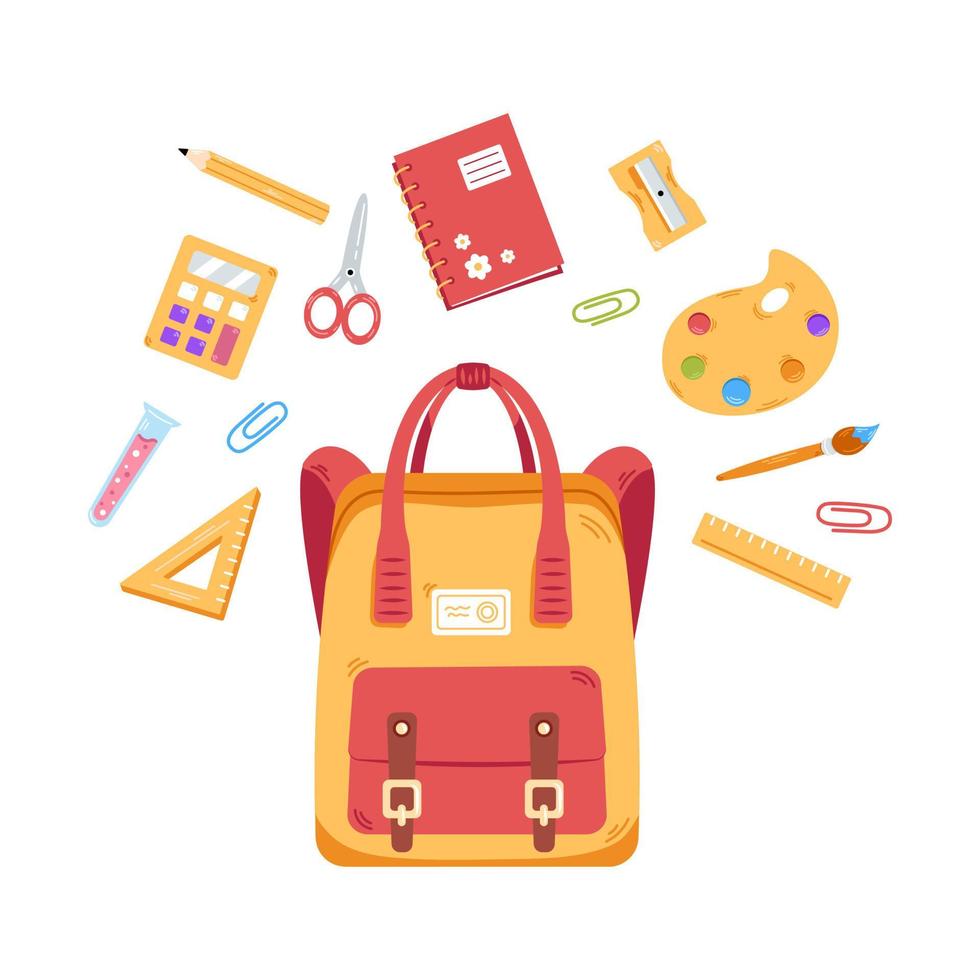 Vector school backpack with school supplies. School supplies flying over the schoolbag. Back to school.