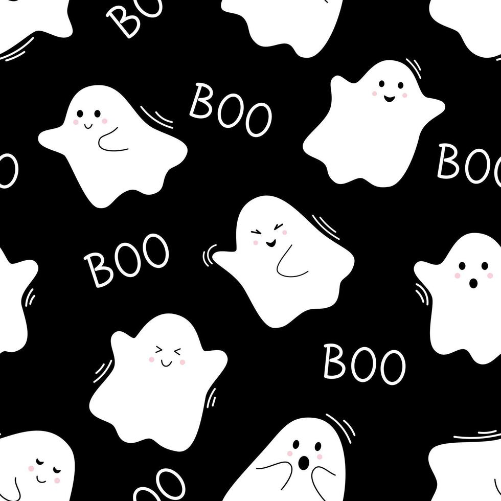 Vector halloween pattern with cute ghosts. Flying spirits and word boo. White phantoms on black background. Doodle ghosts. Seamless pattern.