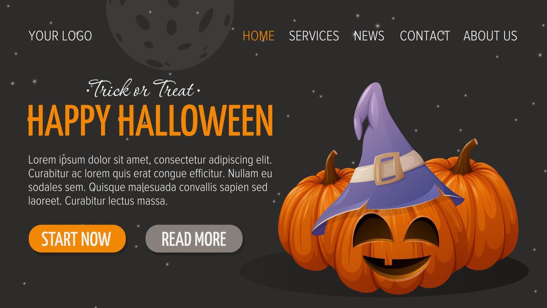 lindas calabazas con cara graciosa y sombrero de bruja. feliz Halloween. plantilla horizontal para la interfaz del sitio web, fondo oscuro. ilustración vectorial para banner, tienda, venta vector