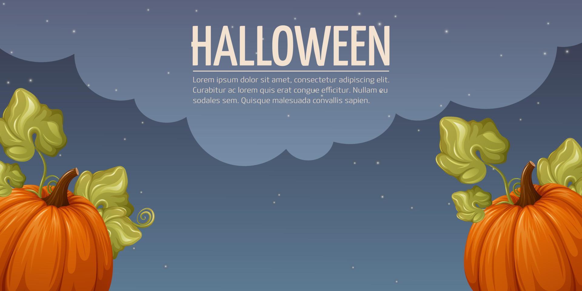 Halloween background. Pumpkins with leaves. Night star sky. Vector horizontal illustration with space for text. Template for banner, poster, flyer, website interface
