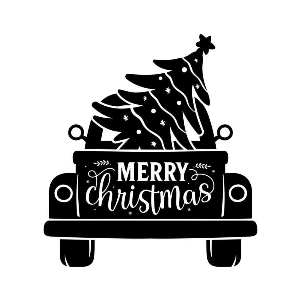 Merry Christmas Truck Tree lettering greeting card. Hand-drawn lettering poster for Christmas. Christmas Truck Tree quotes calligraphy lettering vector illustration.