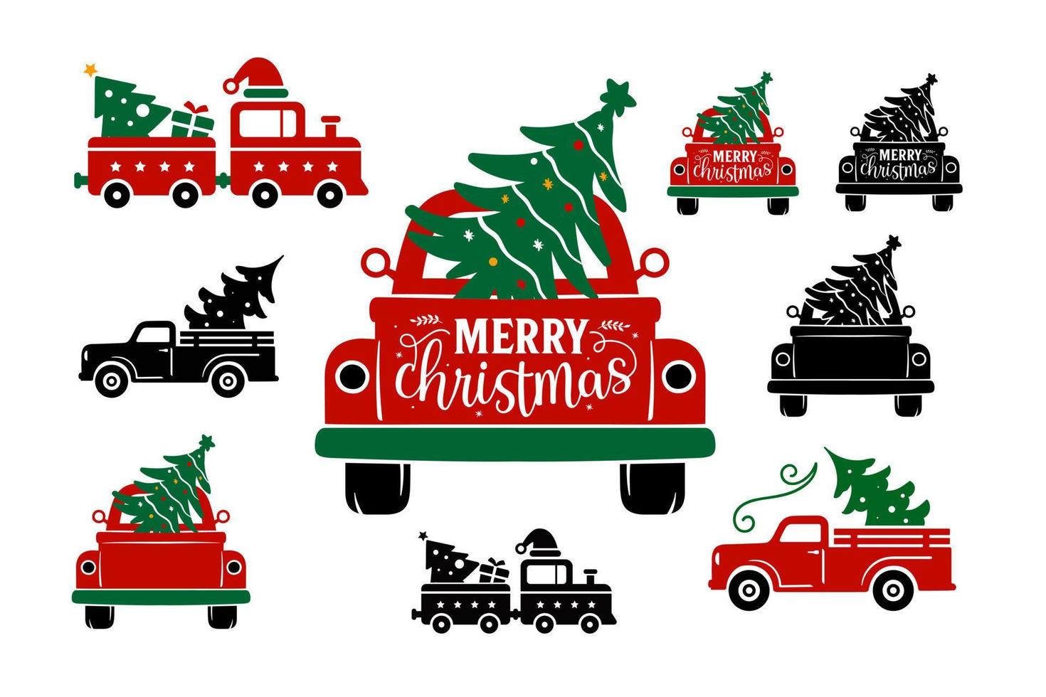 Merry Christmas Truck Tree lettering calligraphy vector set. Hand-drawn lettering poster for Christmas. Christmas Truck Tree quotes calligraphy lettering vector illustration.