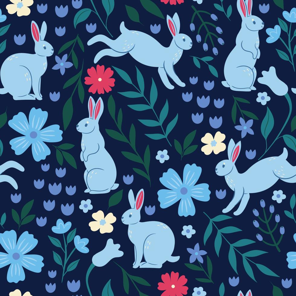 Seamless pattern with rabbits and flowers. Vector graphics.