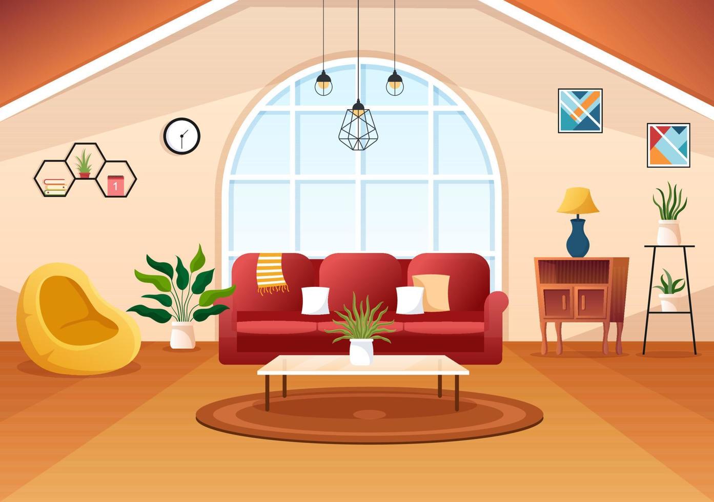 plantilla de decoración del hogar ilustración de dibujos animados dibujados a mano el conjunto de muebles e interior de la sala de estar en un diseño de estilo plano vector