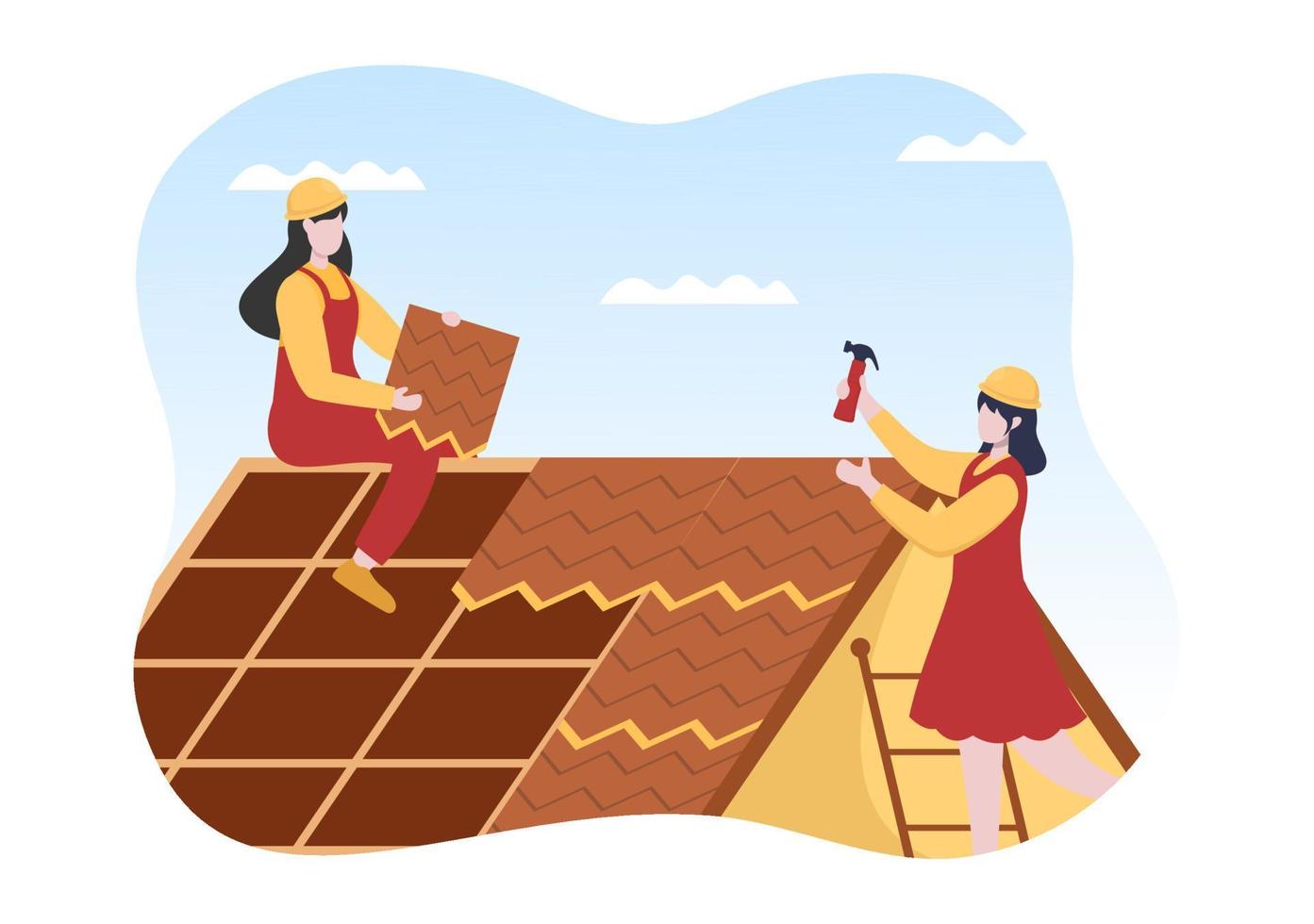 Roofing Construction Workers Template Hand Drawn Cartoon Flat Illustration with Housetop Renovation, Fixing Rooftop Tile House and Roof Reconstruction vector