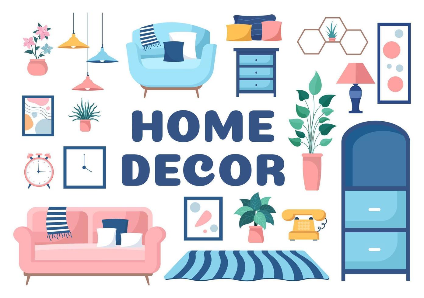 Home Decor Template Hand Drawn Cartoon Illustration The set of Furniture and Living Room Interior in Flat Style Design vector